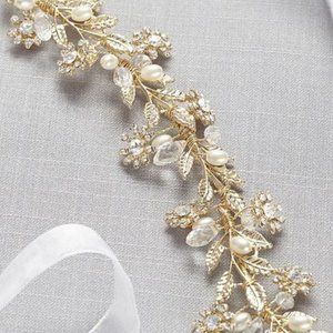 Gold Vine Bridal Sash Belt w/ Crystals and Pearls